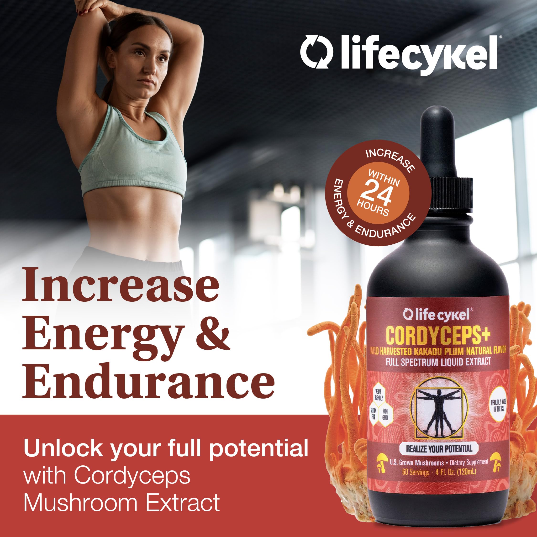 Life Cykel Cordyceps bottle highlighting energy support and potency.