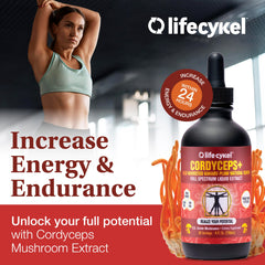 Life Cykel Cordyceps bottle highlighting energy support and potency.