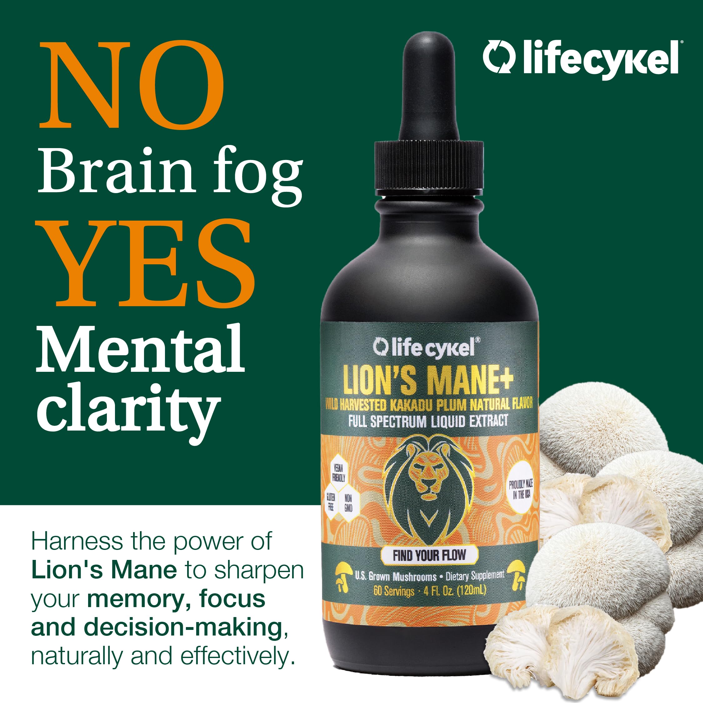 Life Cykel Lion's Mane bottle emphasizing focus and clarity potential.