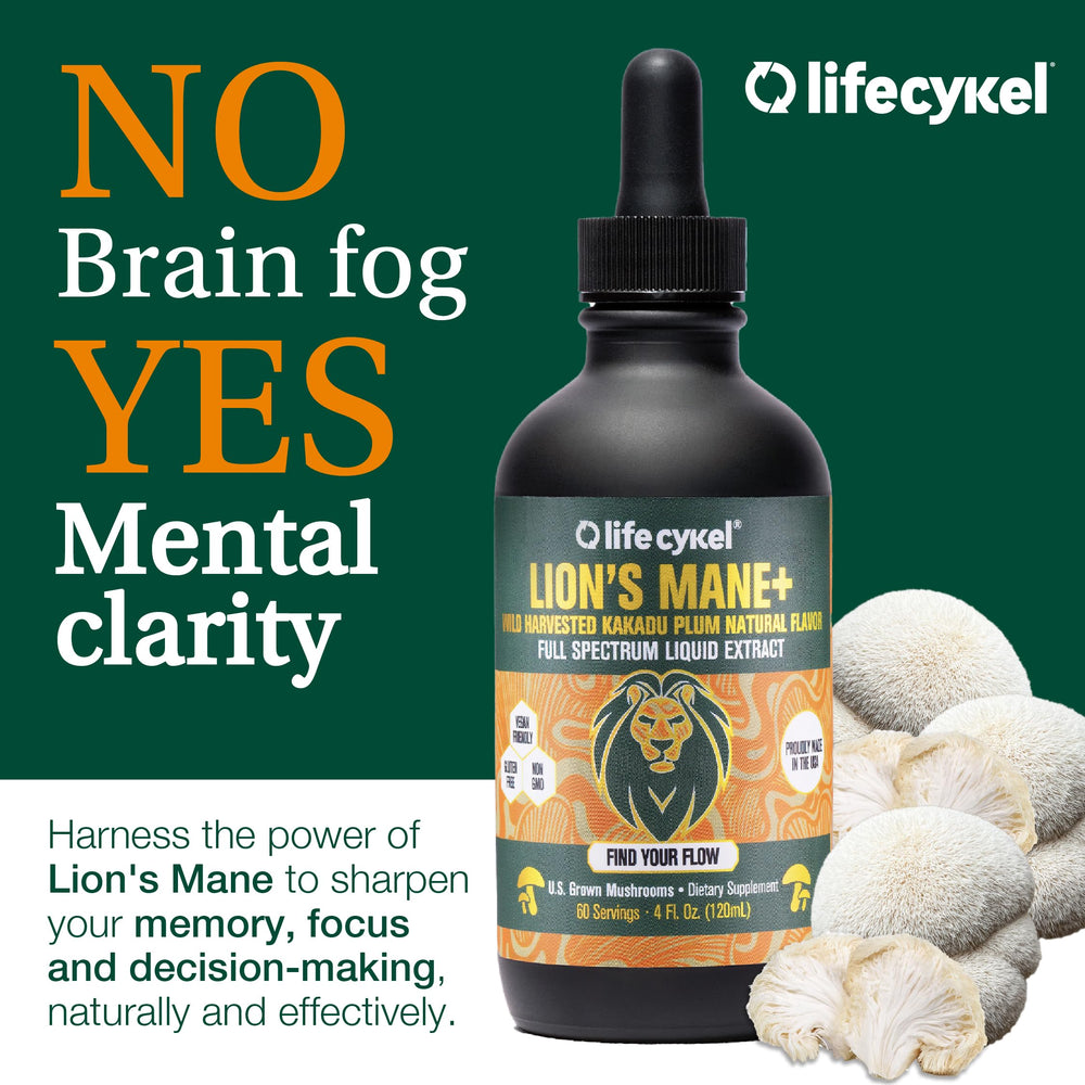 Life Cykel Lion's Mane bottle emphasizing focus and clarity potential.
