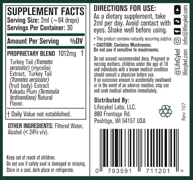 Life Cykel Turkey Tail label highlights ingredients and non-GMO formulation.