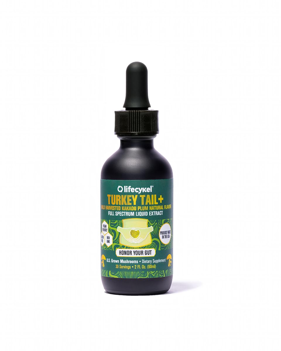 Life Cykel turkey tail liquid extract bottle shows potent gut-support in a pure organic formula.