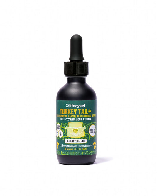Life Cykel turkey tail liquid extract bottle shows potent gut-support in a pure organic formula.