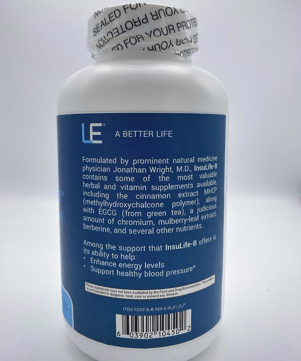 Life Enhancement Insulife-B label close-up highlights cinnamon MHCP formula.