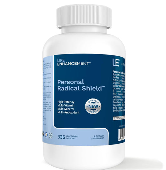 Life Enhancement Radical Shield bottle view highlighting the 28-nutrient formula for daily wellness.