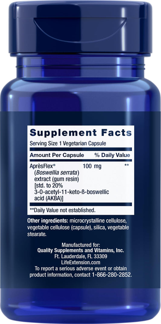 Life Extension 5-LOX Inhibitor with AprèsFlex capsules highlight everyday wellness in a vegetarian format.