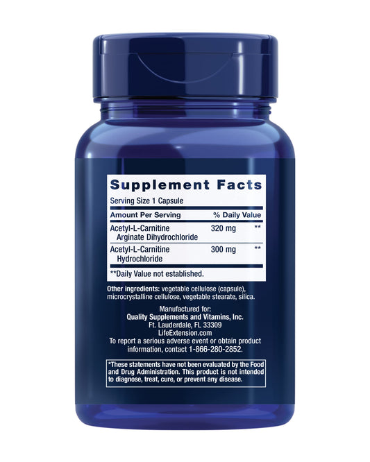 Life Extension Acetyl-L-Carnitine Arginate back label highlights quality and USA manufacturing