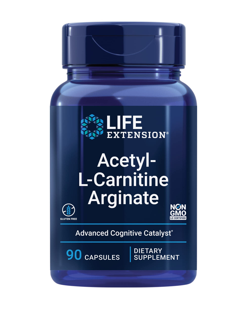Life Extension Acetyl-L-Carnitine Arginate bottle front shows energy and brain health focus