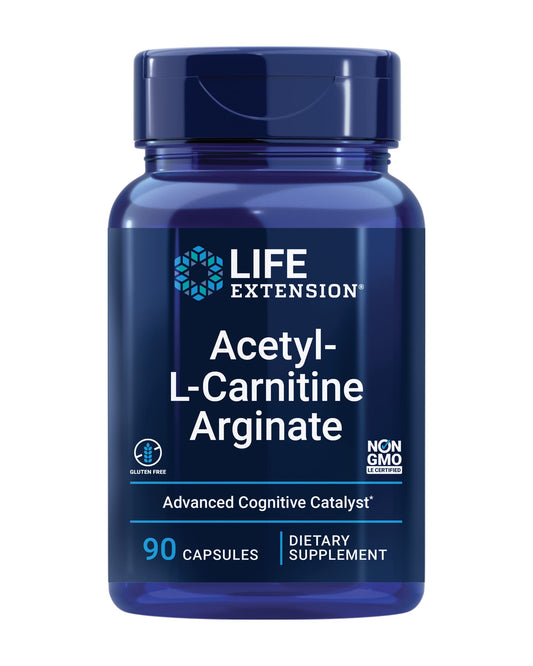 Life Extension Acetyl-L-Carnitine Arginate bottle front shows energy and brain health focus