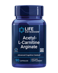 Life Extension Acetyl-L-Carnitine Arginate bottle front shows energy and brain health focus