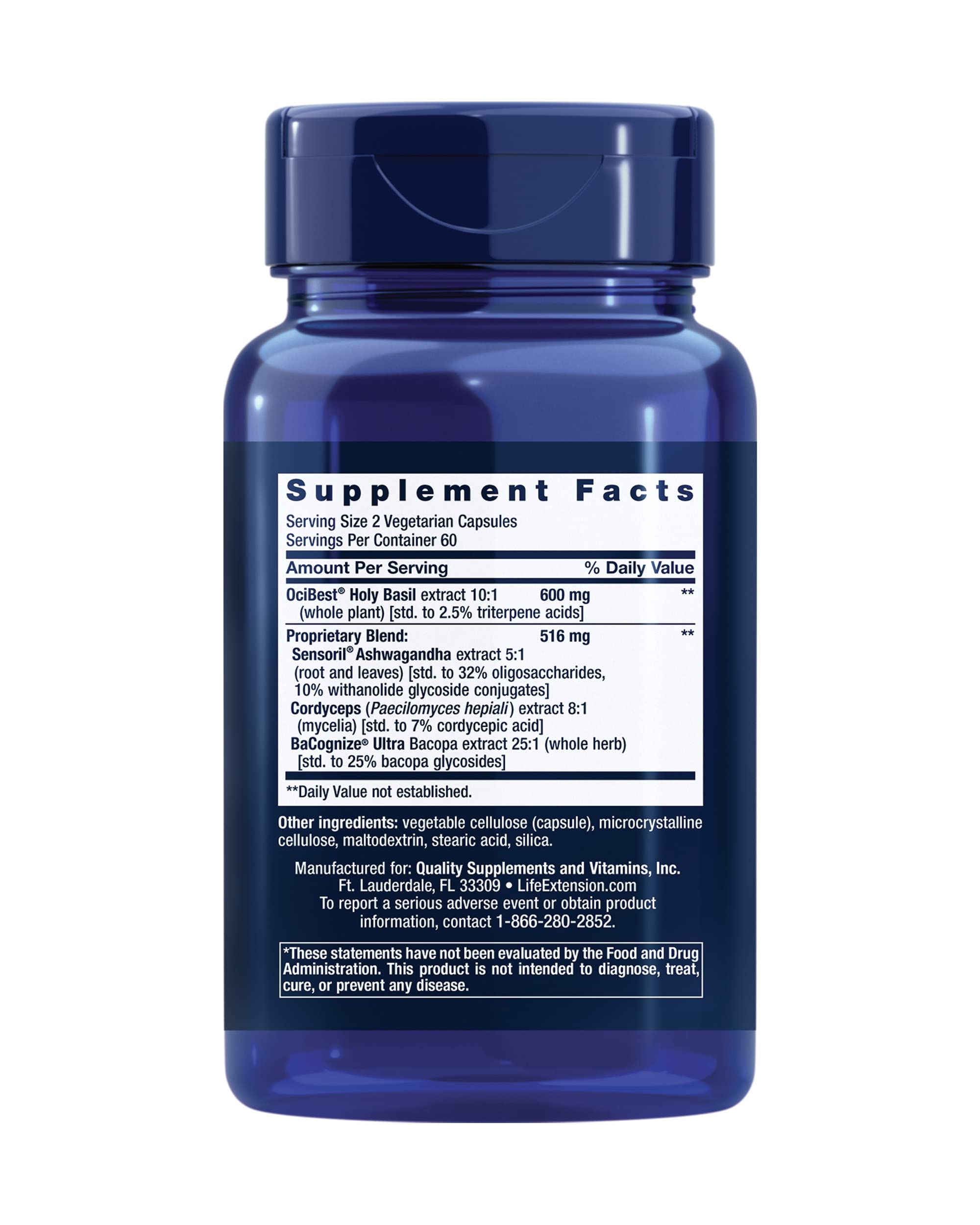 Close-up of Life Extension Adrenal Energy Formula capsules showing vegetarian non-GMO formula.