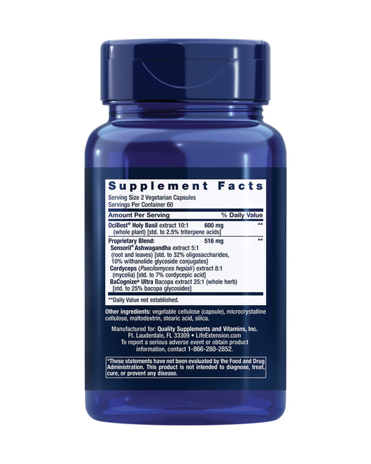 Close-up of Life Extension Adrenal Energy Formula capsules showing vegetarian non-GMO formula.