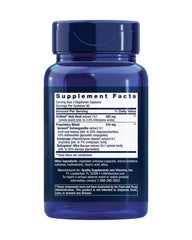 Close-up of Life Extension Adrenal Energy Formula capsules showing vegetarian non-GMO formula.