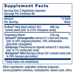 Life Extension Adrenal Energy Formula label detail highlighting gluten-free ingredients and COA.