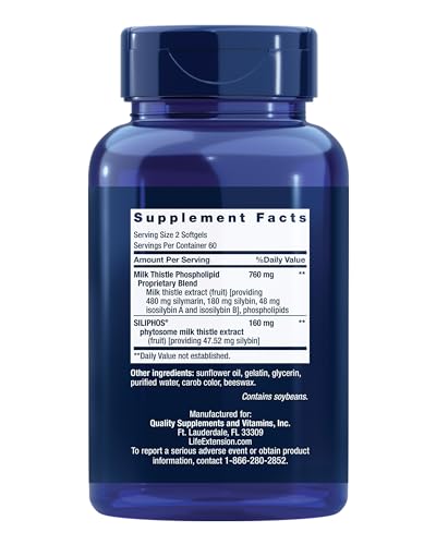 Life Extension Advanced Milk Thistle bottle label with ingredients and quality notes