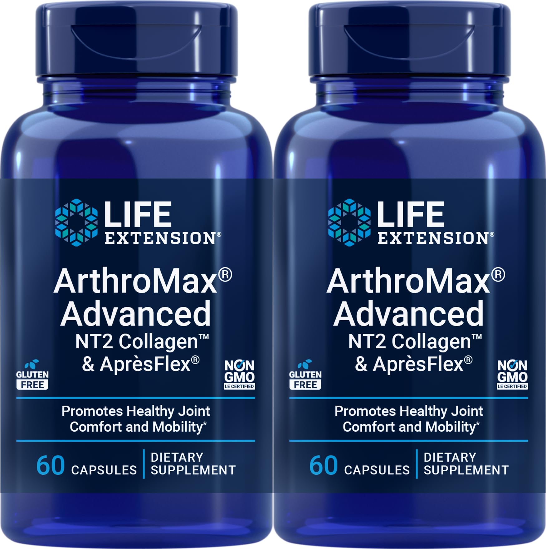 Life Extension ArthroMax Advanced bottle closeup highlighting NT2 Collagen and ApresFlex for joint support.