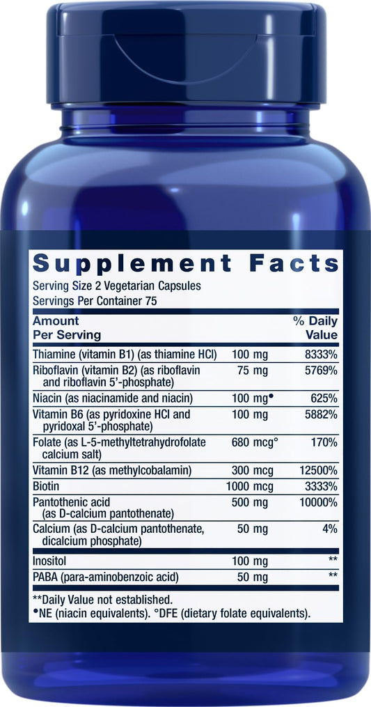 Life Extension BioActive Complete B-Complex capsules closeup for convenient vegetarian supplementation.