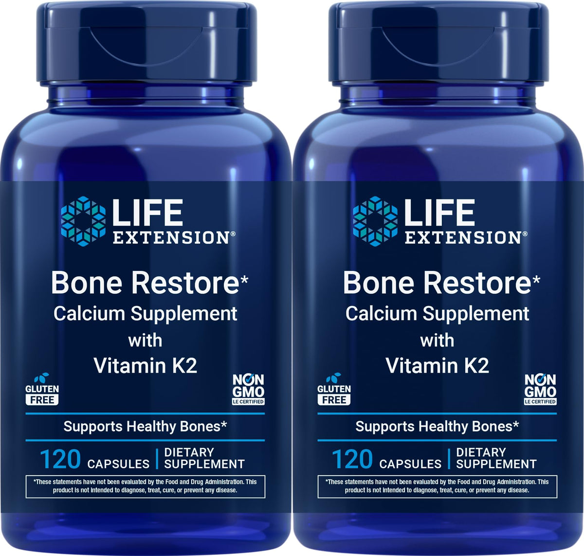 Life Extension Bone Restore bottle pack showing two bottles for calcium and vitamin K2 support