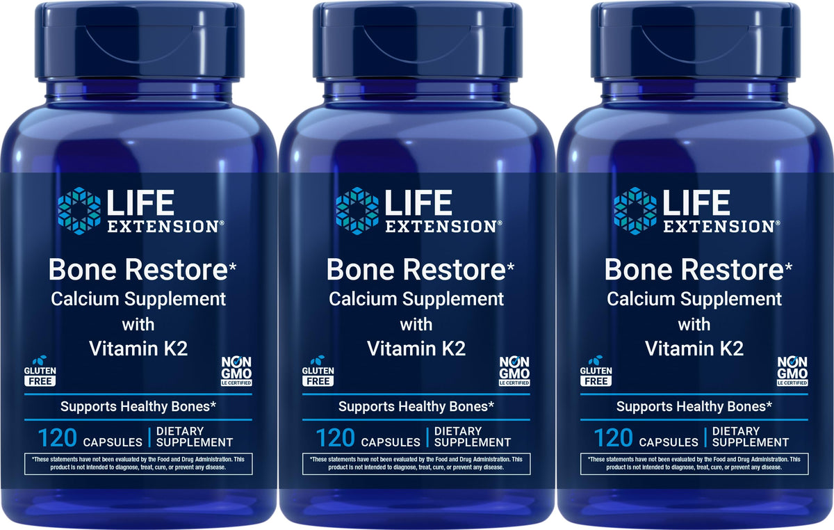 Life Extension Bone Restore bottle pour with calcium and K2 for easy daily supplementation.