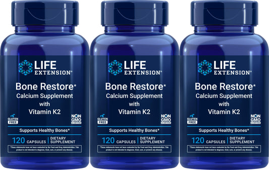 Life Extension Bone Restore bottle pour with calcium and K2 for easy daily supplementation.