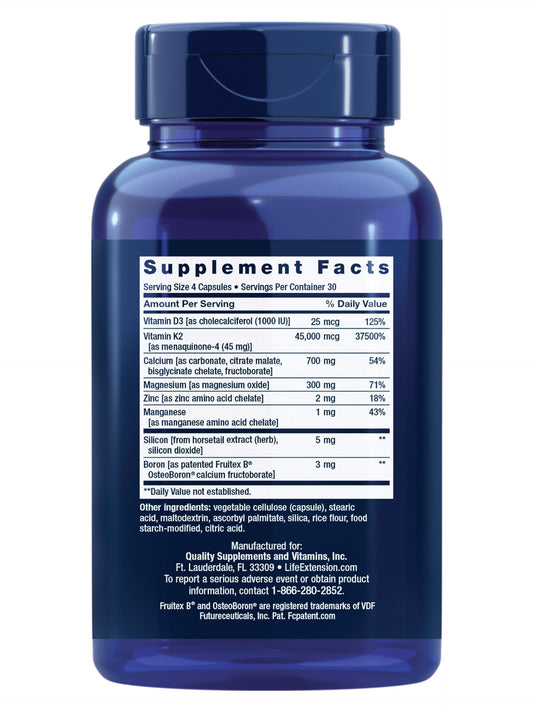 Life Extension Bone Restore Elite capsules close-up highlighting calcium and D3