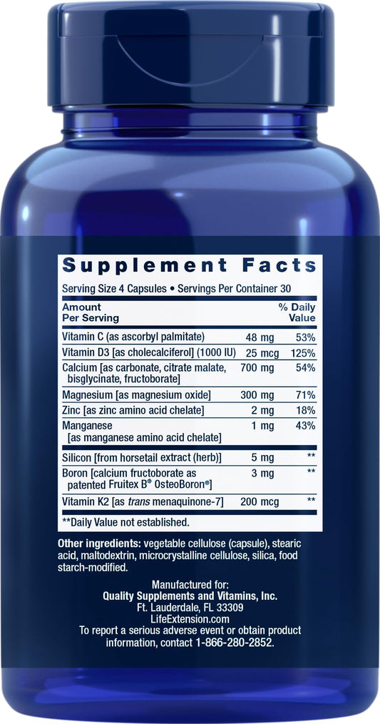 Life Extension Bone Restore pack shot highlighting calcium, D3, and minerals for bone support.