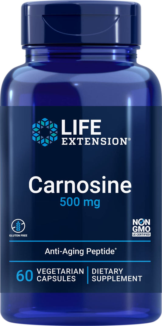 Life Extension Carnosine bottle with capsules, highlighting antioxidant support for aging well
