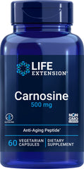 Life Extension Carnosine bottle with capsules, highlighting antioxidant support for aging well