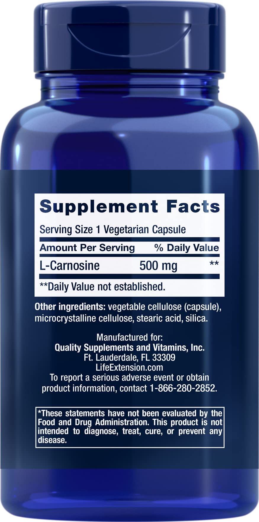 Life Extension Carnosine capsules close-up, showcasing gluten-free and non-GMO formula