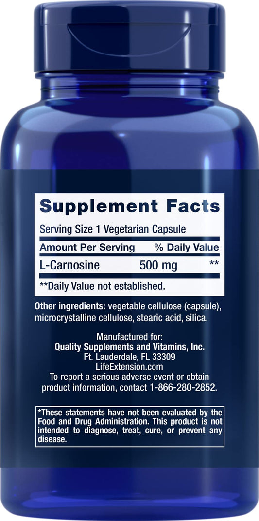 Life Extension Carnosine capsules close-up, showcasing gluten-free and non-GMO formula
