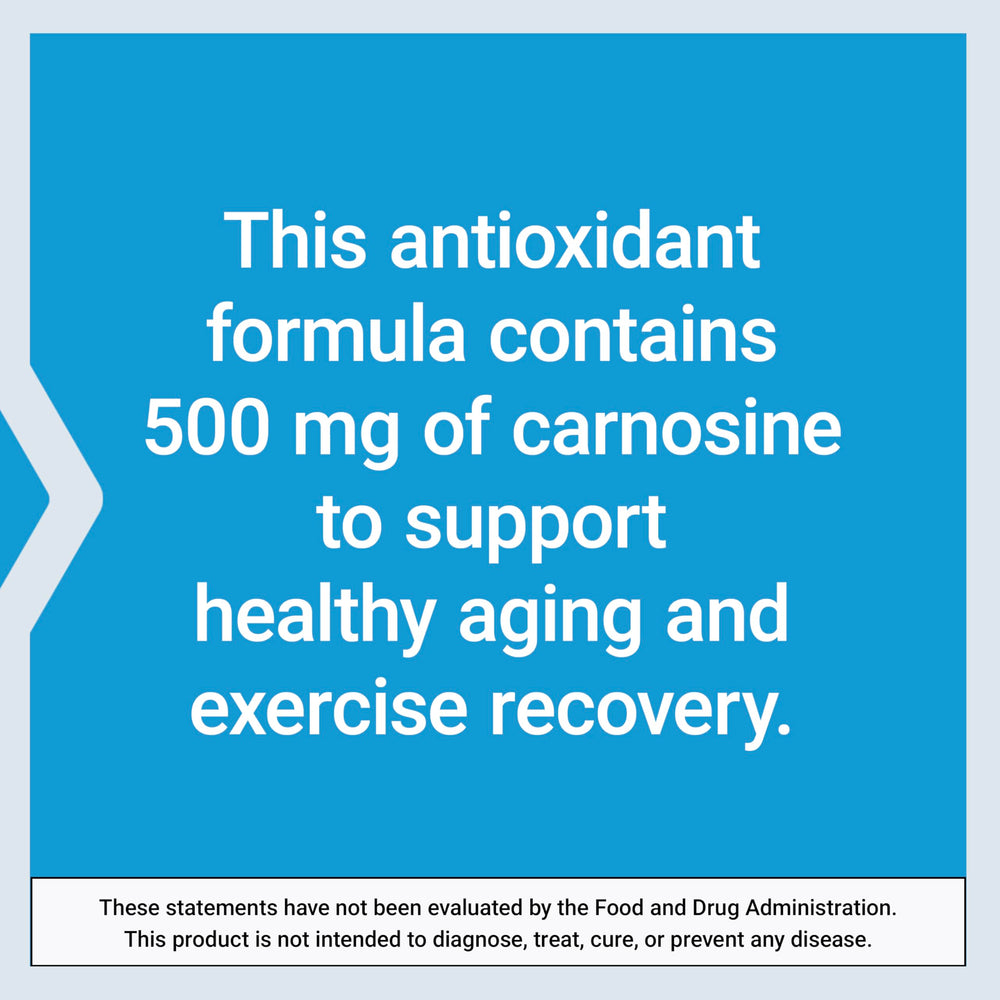 Life Extension Carnosine vegetarian capsules in a white bottle, emphasizing plant-based ingredients