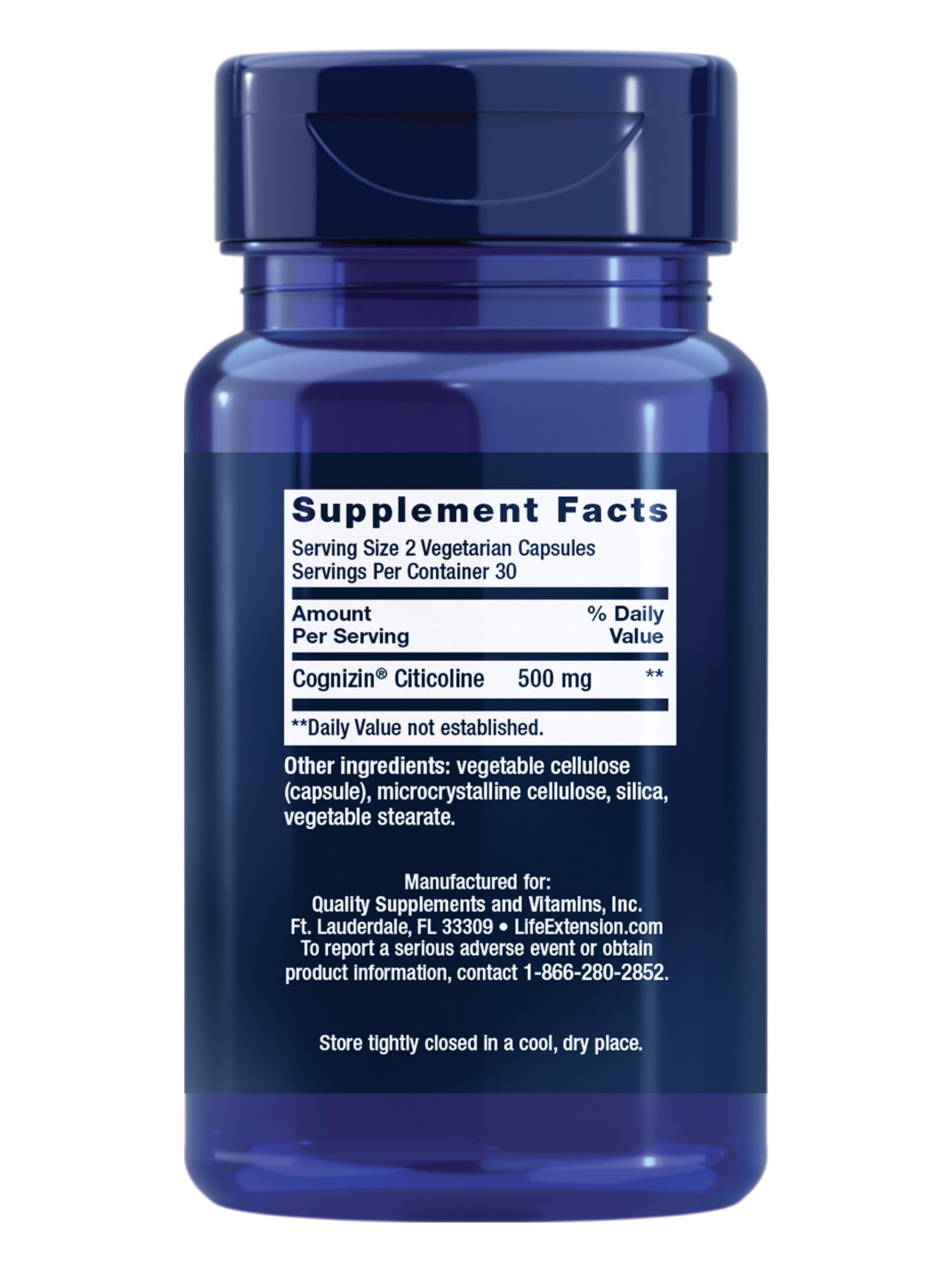 Life Extension Citicoline bottle label on shelf highlighting daily brain health.