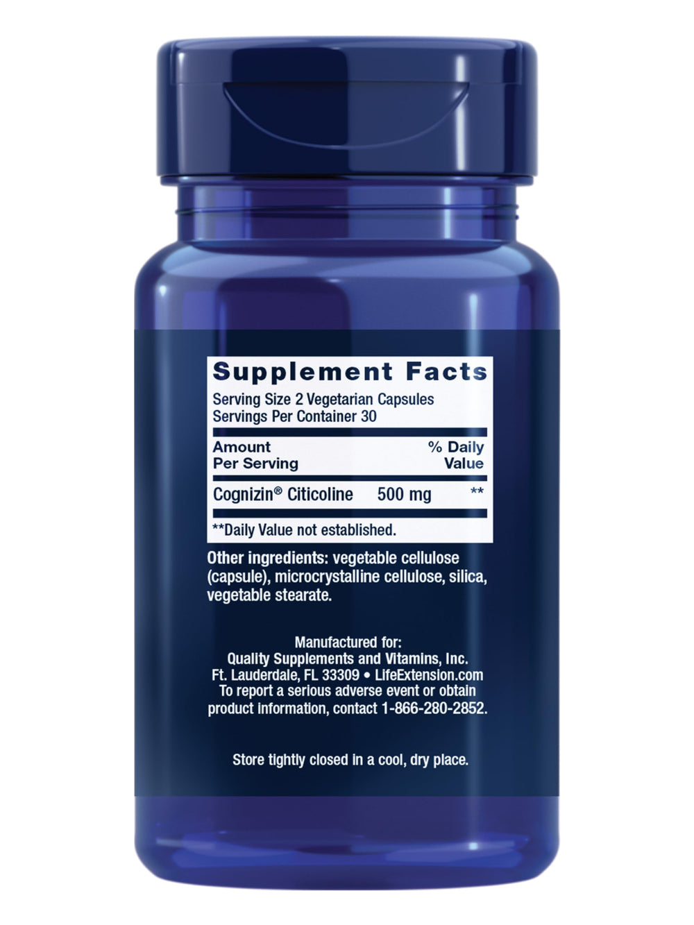 Life Extension Citicoline bottle label on shelf highlighting daily brain health.