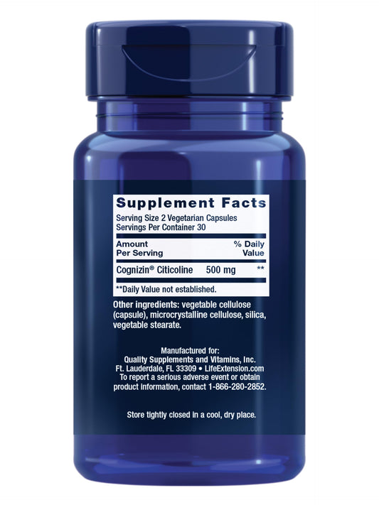 Life Extension Citicoline bottle label on shelf highlighting daily brain health.