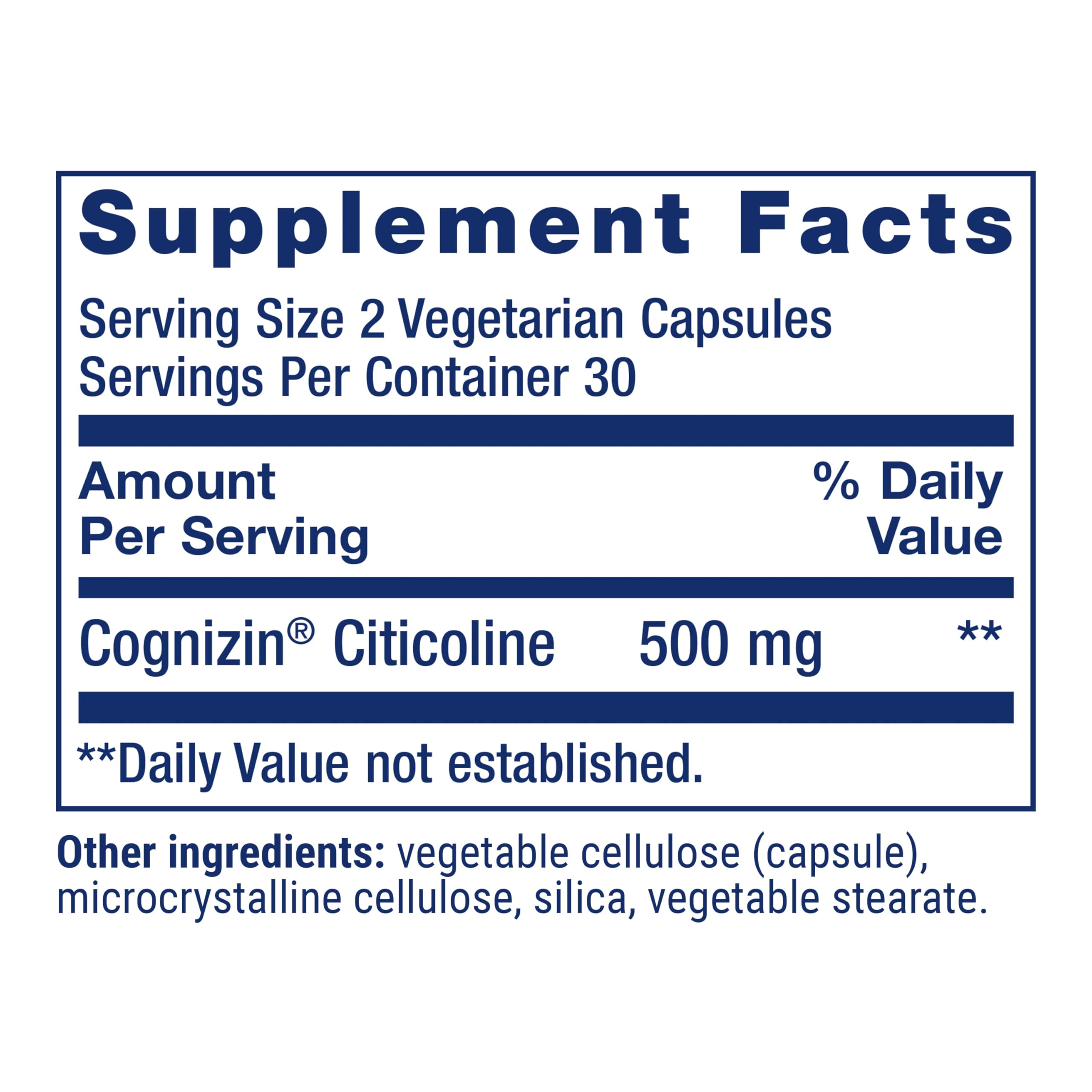 Life Extension Citicoline capsules beside a glass of water for daily use.