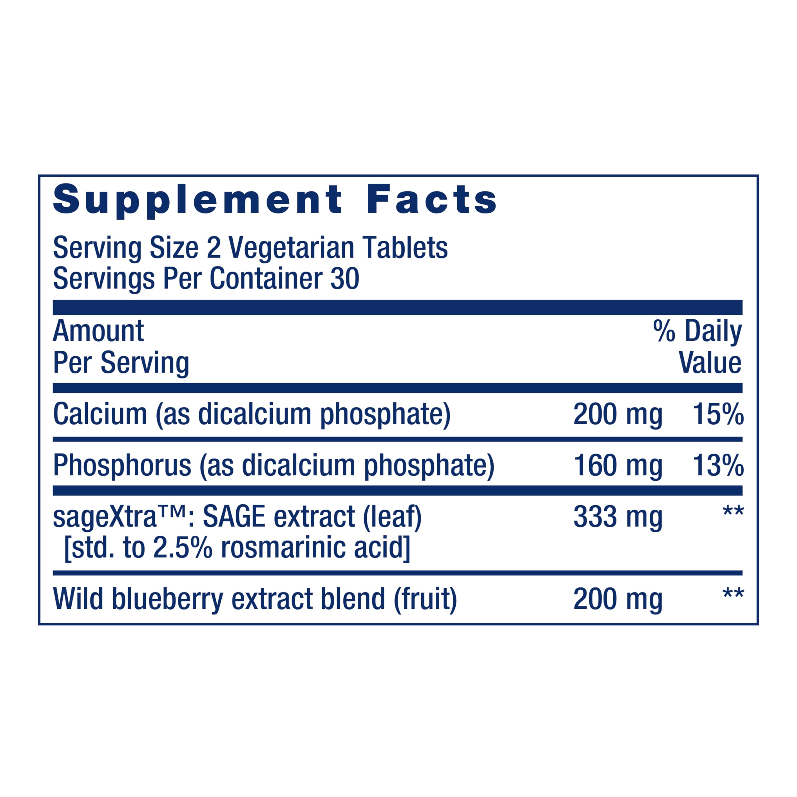 Life Extension Cognitex Elite Pregnenolone ingredient panel showing sage and ashwagandha