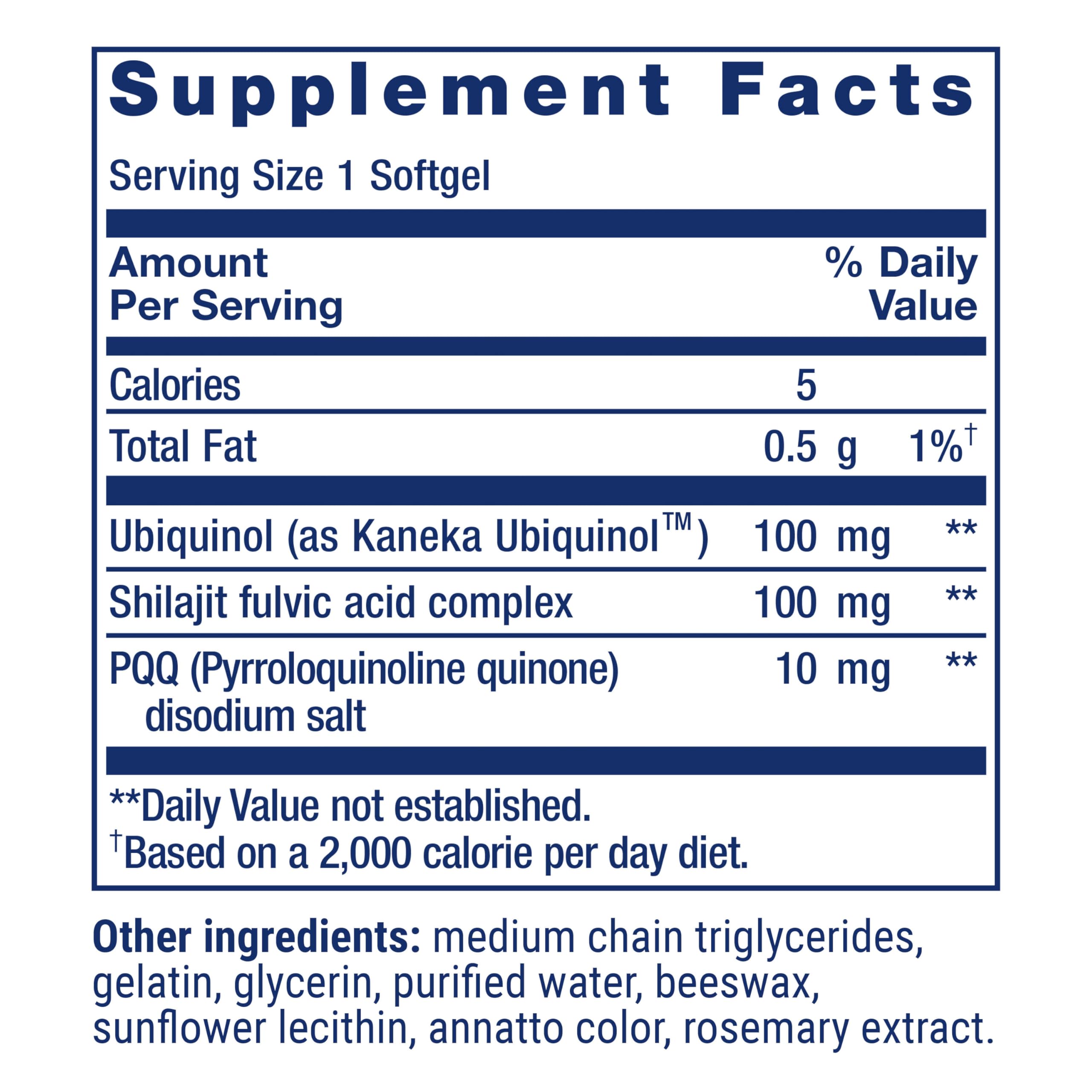 Life Extension Super Ubiquinol CoQ10 with PQQ and shilajit ingredients support cellular energy.