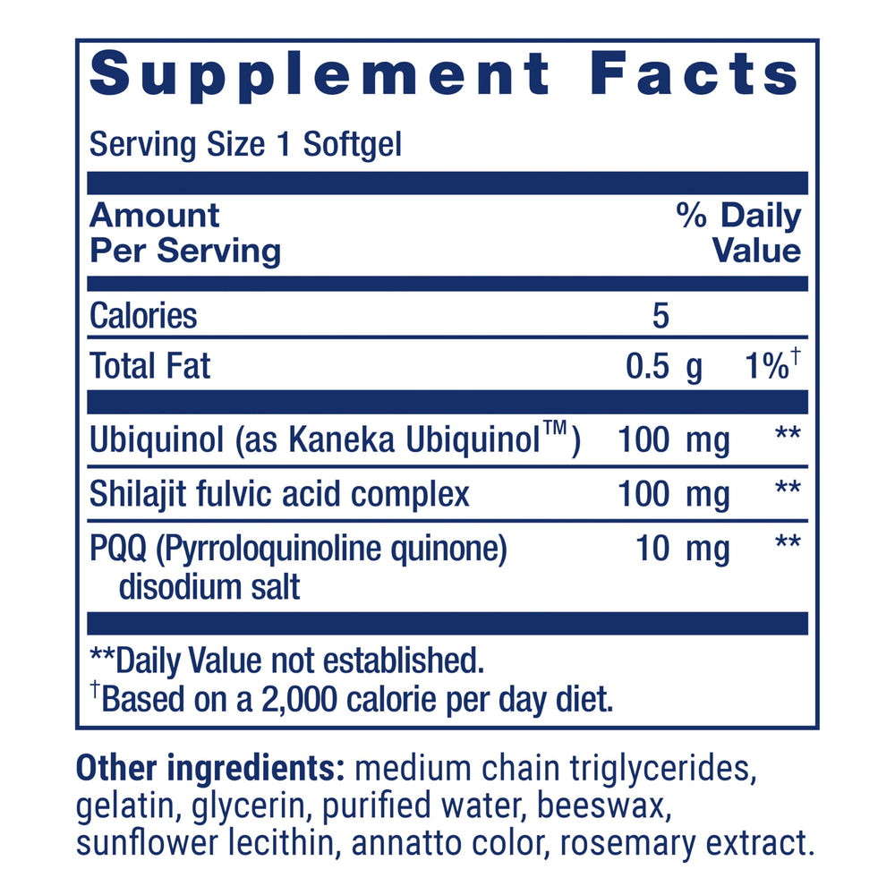 Life Extension Super Ubiquinol CoQ10 with PQQ and shilajit ingredients support cellular energy.