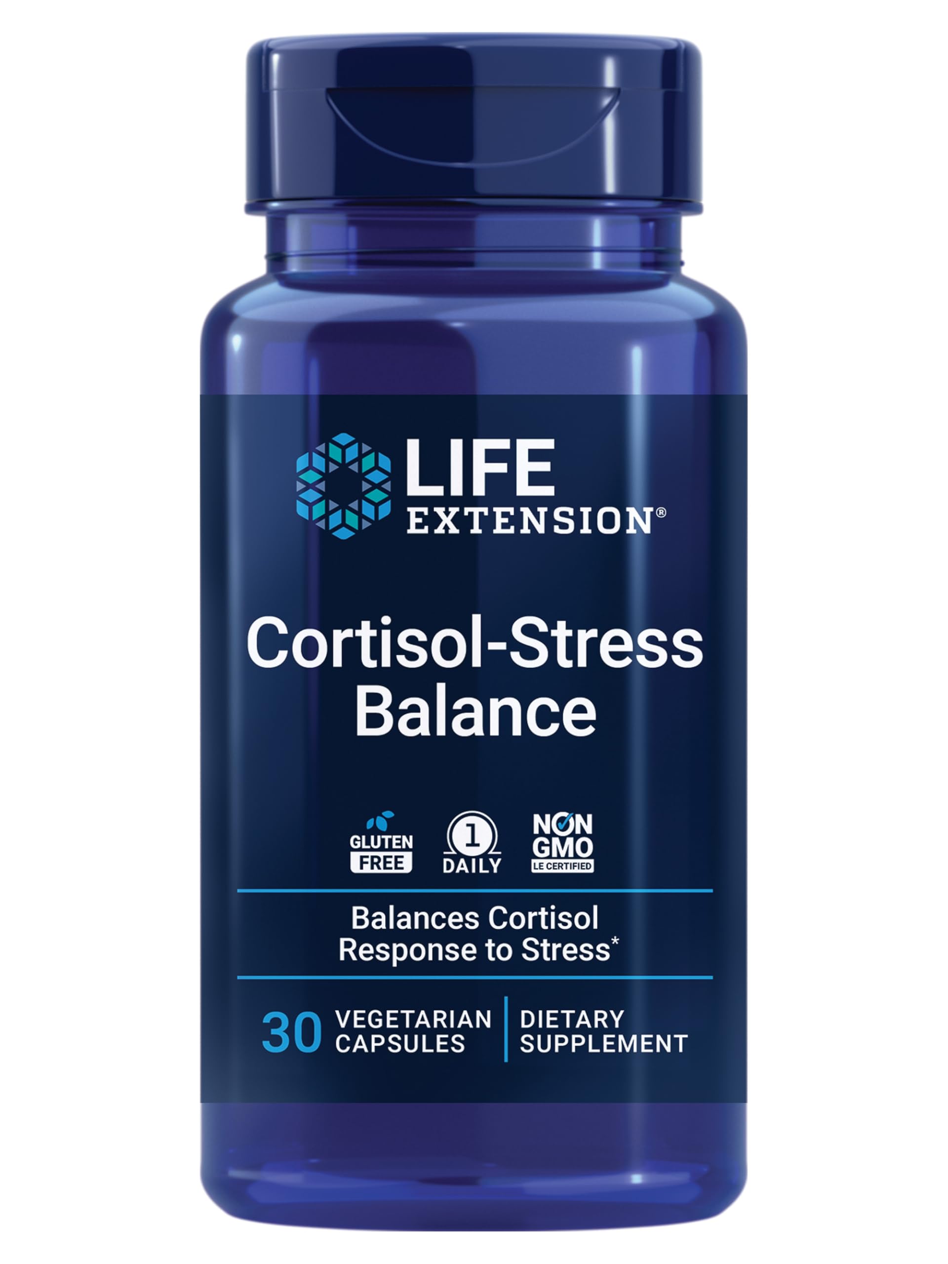 Life Extension Cortisol-Stress Balance bottle emphasizing daily stress support with vegetarian capsules.