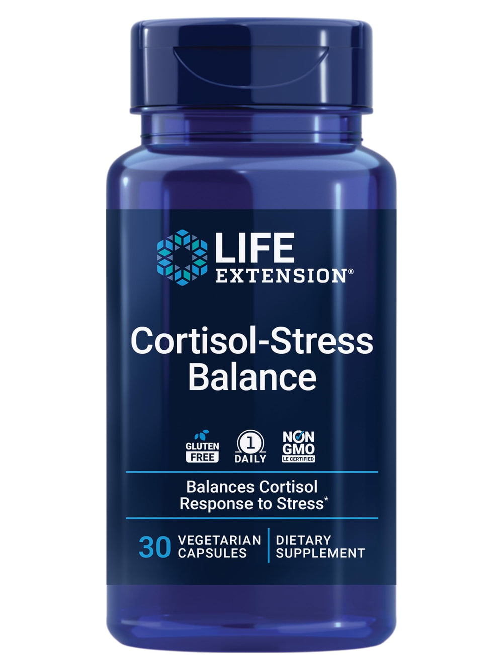 Life Extension Cortisol-Stress Balance bottle emphasizing daily stress support with vegetarian capsules.