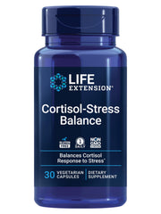 Life Extension Cortisol-Stress Balance bottle emphasizing daily stress support with vegetarian capsules.