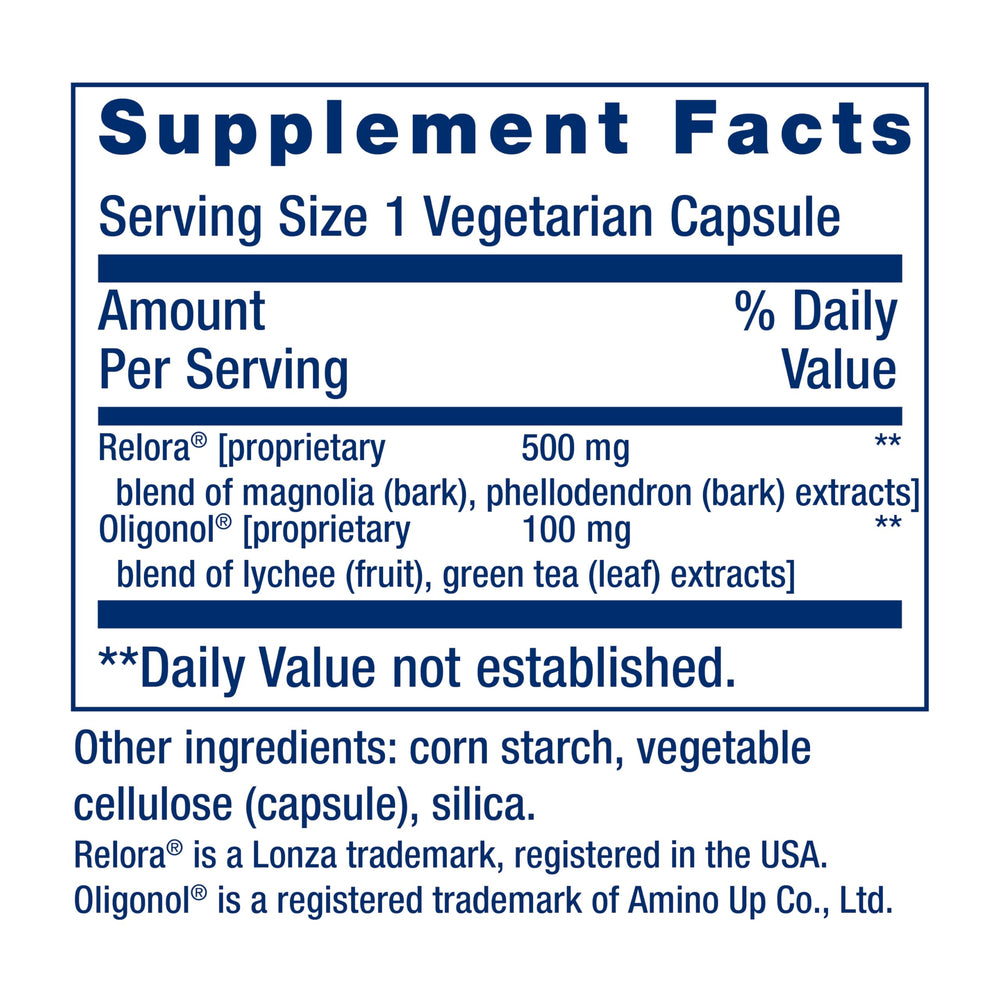 Life Extension Cortisol-Stress Balance label highlights Relora and green tea ingredients.