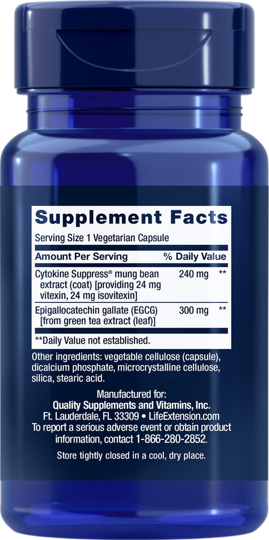 Life Extension Cytokine Suppress with EGCG bottle back view, two-pack value for ongoing supplementation.