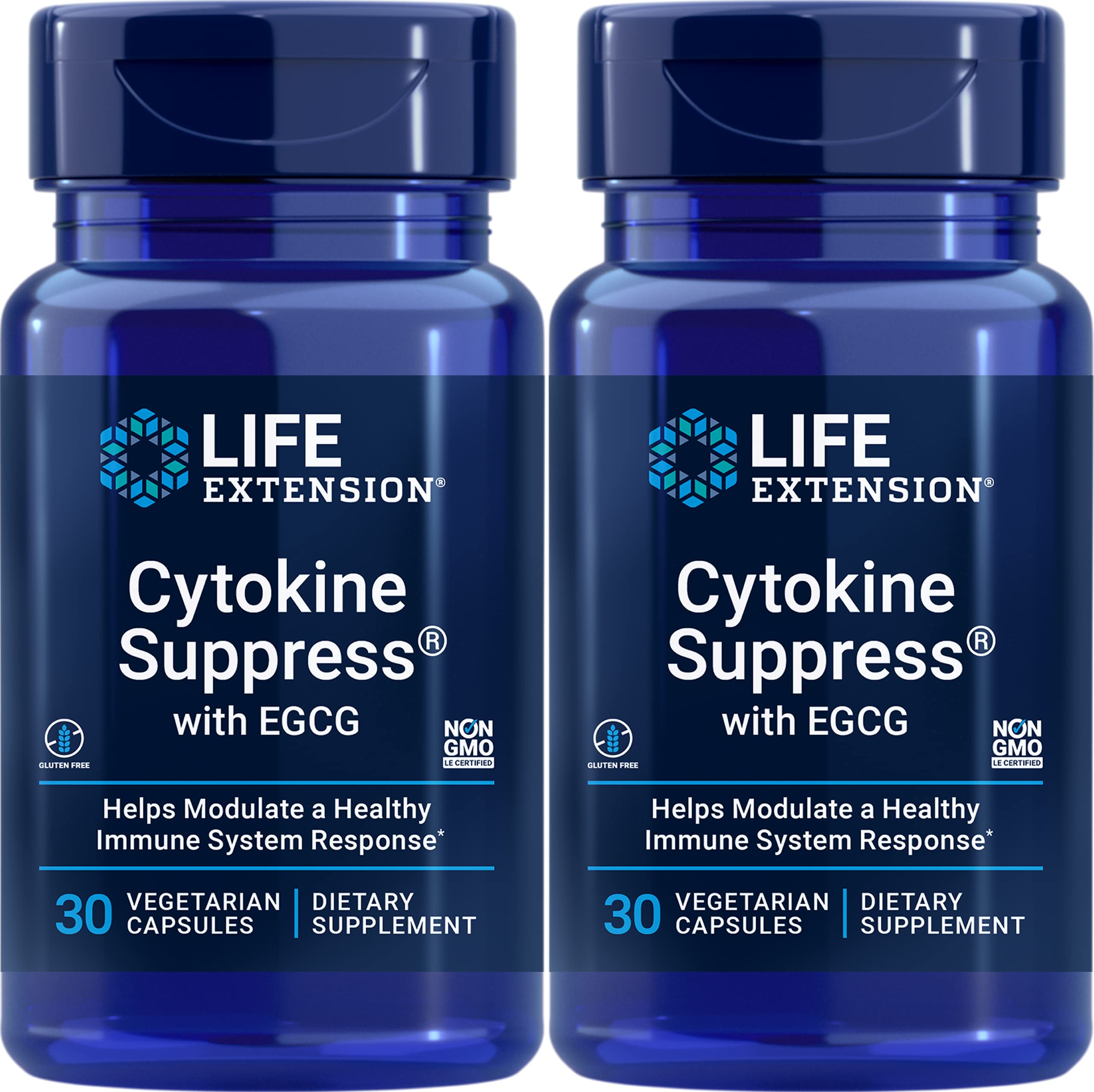 Life Extension Cytokine Suppress with EGCG bottle front view, supports daily wellness with vegetarian capsules.