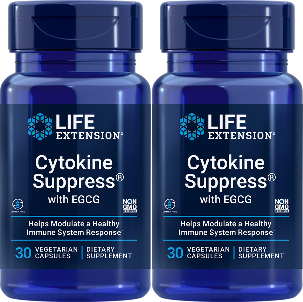 Life Extension Cytokine Suppress with EGCG bottle front view, supports daily wellness with vegetarian capsules.