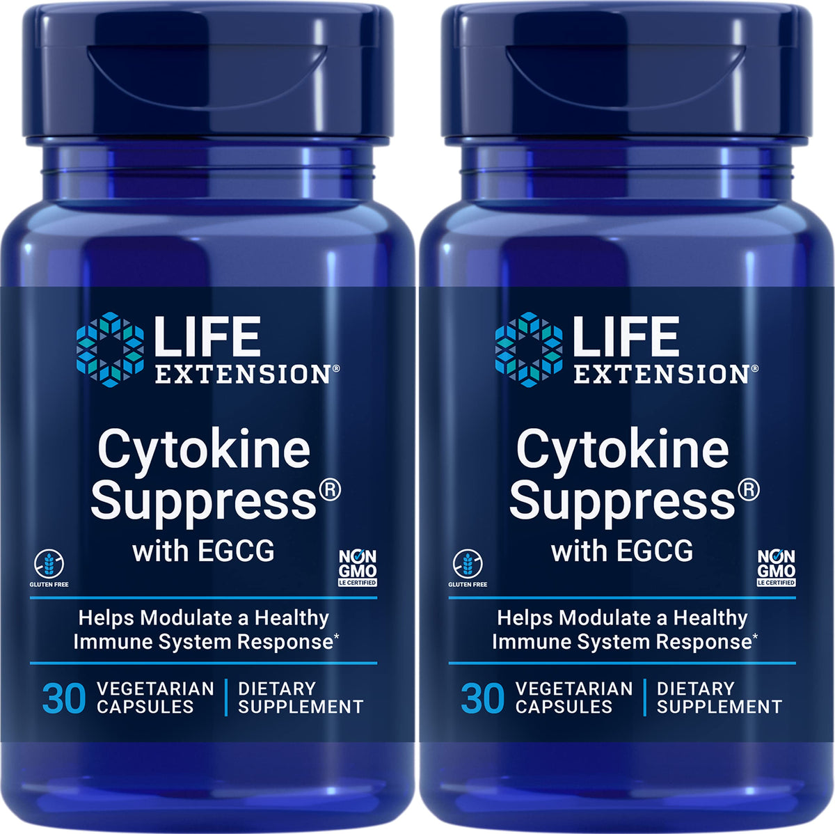 Life Extension Cytokine Suppress with EGCG bottle front view, supports daily wellness with vegetarian capsules.