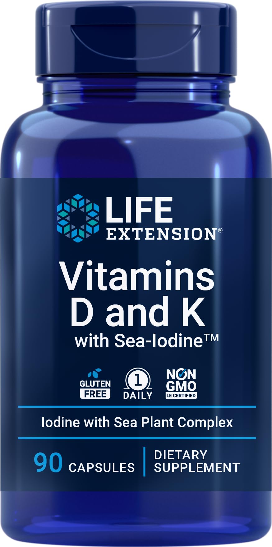 Life Extension D and K with Sea-Iodine bottle front highlights daily nutrition in one capsule.