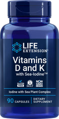 Life Extension D and K with Sea-Iodine bottle front highlights daily nutrition in one capsule.