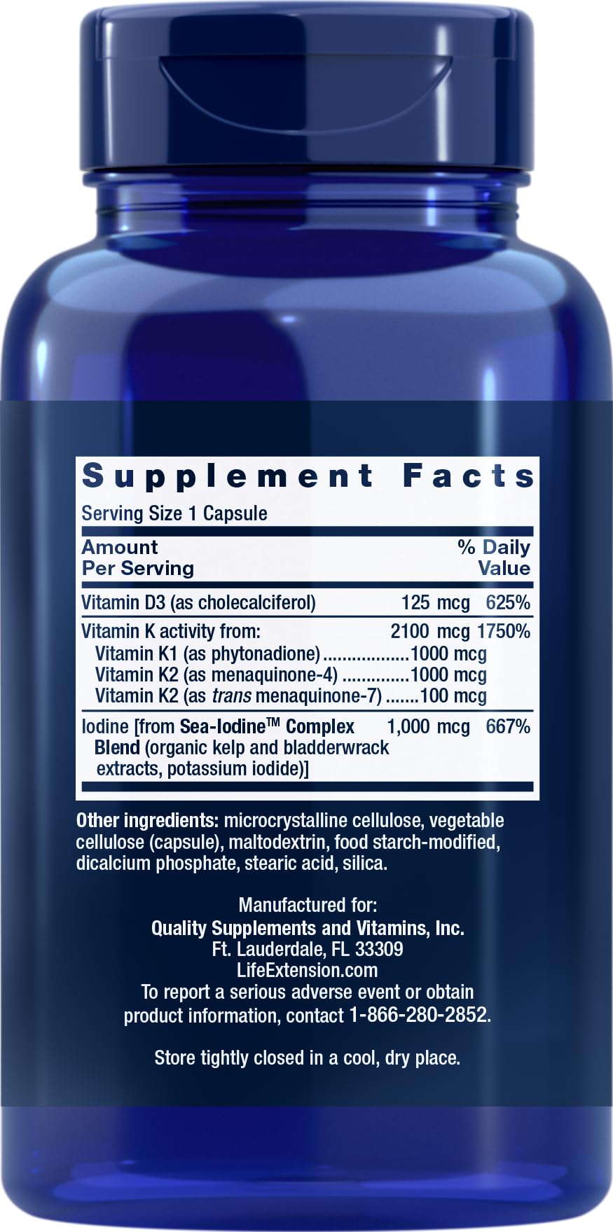 Ingredient panel close-up shows D3, K1, K2, and iodine for informed daily use.