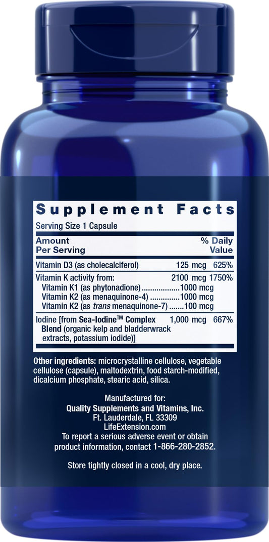 Ingredient panel close-up shows D3, K1, K2, and iodine for informed daily use.